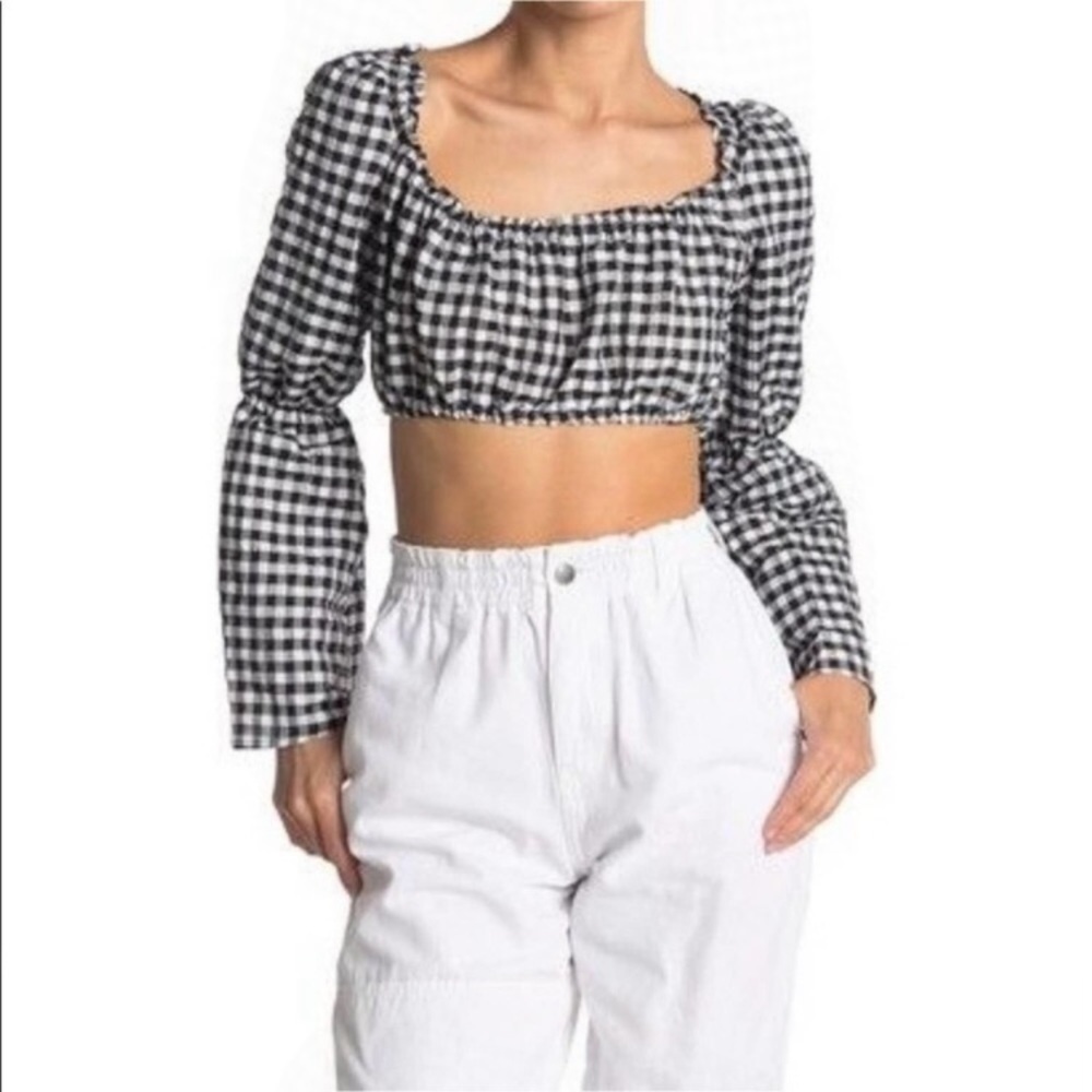 NWT TOPSHOP Gingham Long Puff Sleeve Crop Top